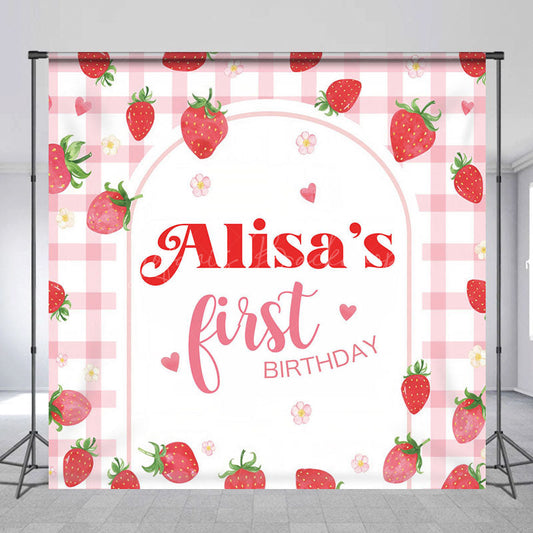Lofaris Pink Grid Strawberry Girl Custom Birthday Backdrop