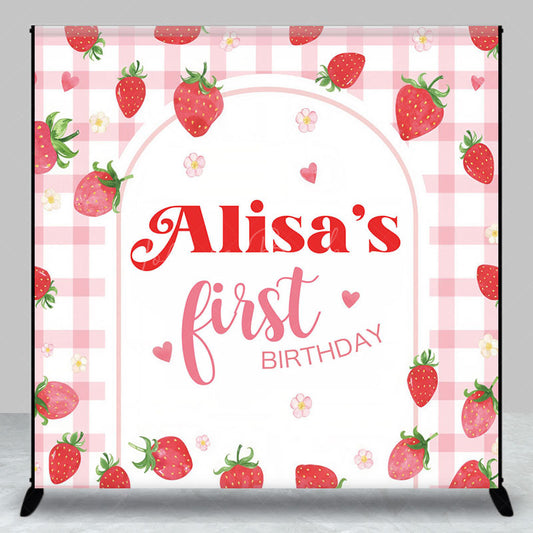 Lofaris Pink Grid Strawberry Girl Custom Birthday Backdrop