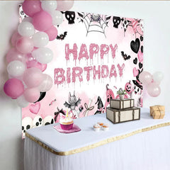 Lofaris Pink Halloween Happy Birthday Backdrop for Girls Spooky Cute Ghost Skulls and Pumpkins Girly Gothic Party Decor