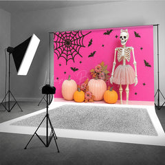 Lofaris Pink Halloween Photography Backdrop with Skeleton in a Tutu Pumpkins Girly Gothic Spooky Party Decor