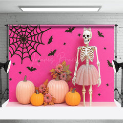 Lofaris Pink Halloween Photography Backdrop with Skeleton in a Tutu Pumpkins Girly Gothic Spooky Party Decor