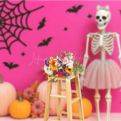 Lofaris Pink Halloween Photography Backdrop with Skeleton in a Tutu Pumpkins Girly Gothic Spooky Party Decor