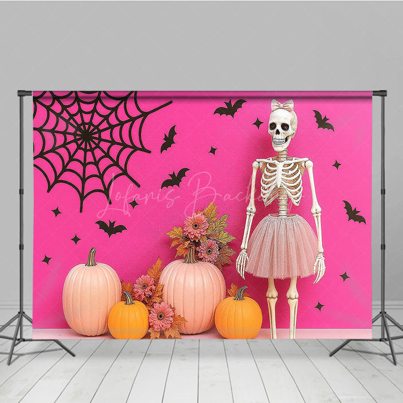 Lofaris Pink Halloween Photography Backdrop with Skeleton in a Tutu Pumpkins Girly Gothic Spooky Party Decor