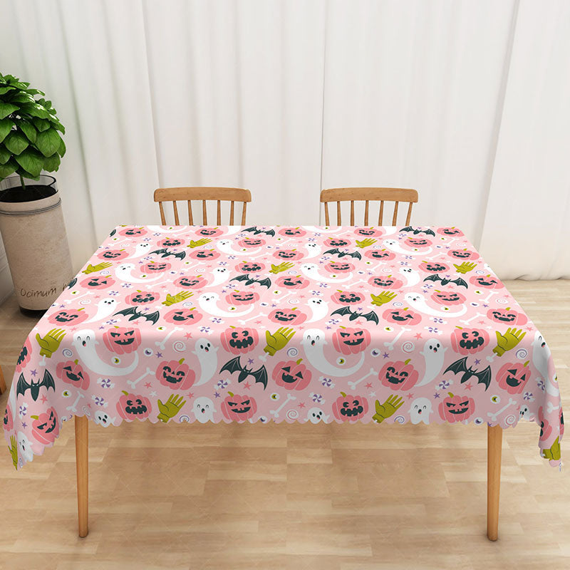 Lofaris Pink Halloween Rectangle Tablecloth with Jack o’ Lanterns for Cute and Girly Spooky Party Decor