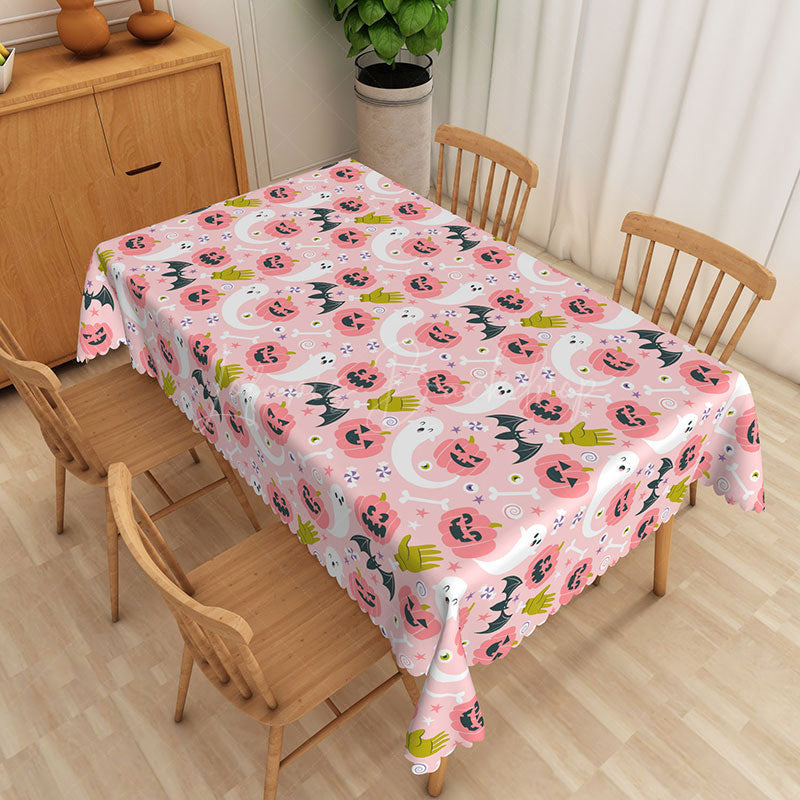 Lofaris Pink Halloween Rectangle Tablecloth with Jack o’ Lanterns for Cute and Girly Spooky Party Decor