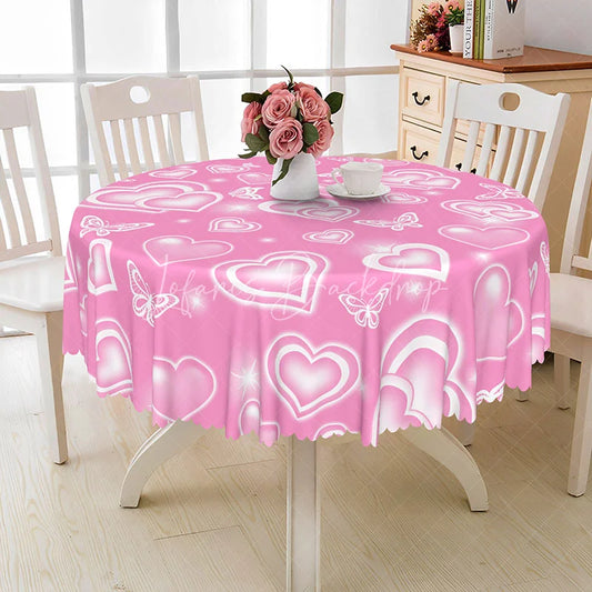 Lofaris Pink Heart Butterfly Round Tablecloth Romantic White Love Pattern Table Cover Valentine Day Party Decor