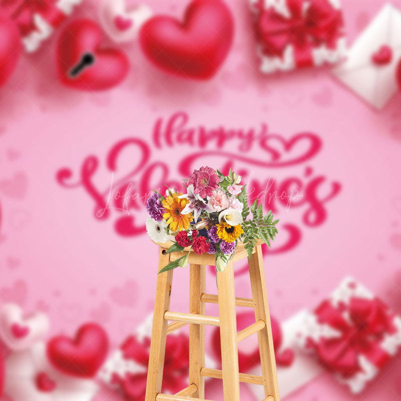 Lofaris Pink Heart Gift Box Valentine’S Day Phrase Backdrop