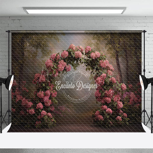 Lofaris Pink Hydrangea Arch Photography Backdrop in a Forest Painterly Floral Romantic Wedding Photo Background