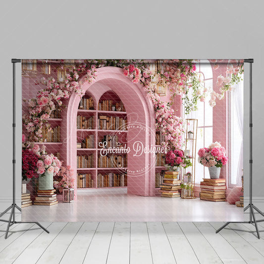 Lofaris Pink Library Photography Backdrop with Bookshelves and Flowers Arched Doorway Princess Wedding Photo Background