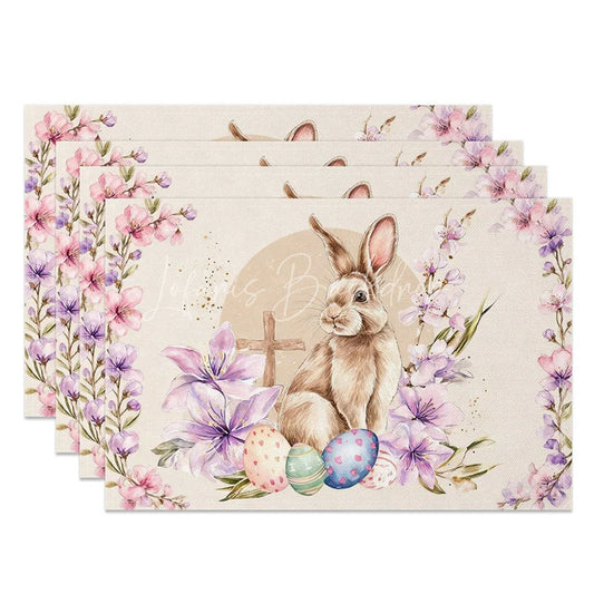 Lofaris Pink Lily Cross Easter Bunny Set of 4 Placemats Religious Rabbit Egg Table Mats for Spring