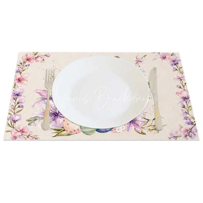Lofaris Pink Lily Cross Easter Bunny Set of 4 Placemats Religious Rabbit Egg Table Mats for Spring