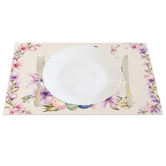 Lofaris Pink Lily Cross Easter Bunny Set of 4 Placemats Religious Rabbit Egg Table Mats for Spring