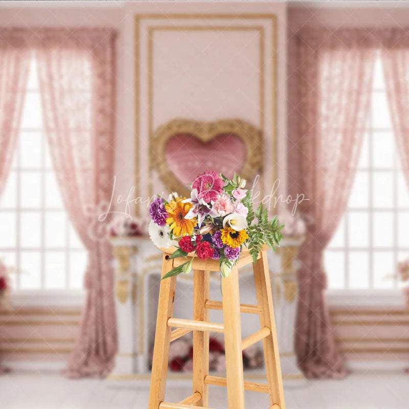 Lofaris Pink Luxury Interior Valentine Day Backdrop Heart Mirror Fireplace Floral Window Background Wedding Photography Studio