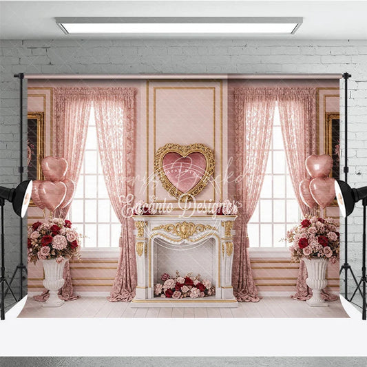 Lofaris Pink Luxury Interior Valentine Day Backdrop Heart Mirror Fireplace Floral Window Background Wedding Photography Studio