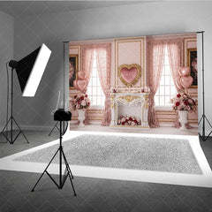 Lofaris Pink Luxury Interior Valentine Day Backdrop Heart Mirror Fireplace Floral Window Background Wedding Photography Studio