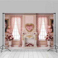 Lofaris Pink Luxury Interior Valentine Day Backdrop Heart Mirror Fireplace Floral Window Background Wedding Photography Studio