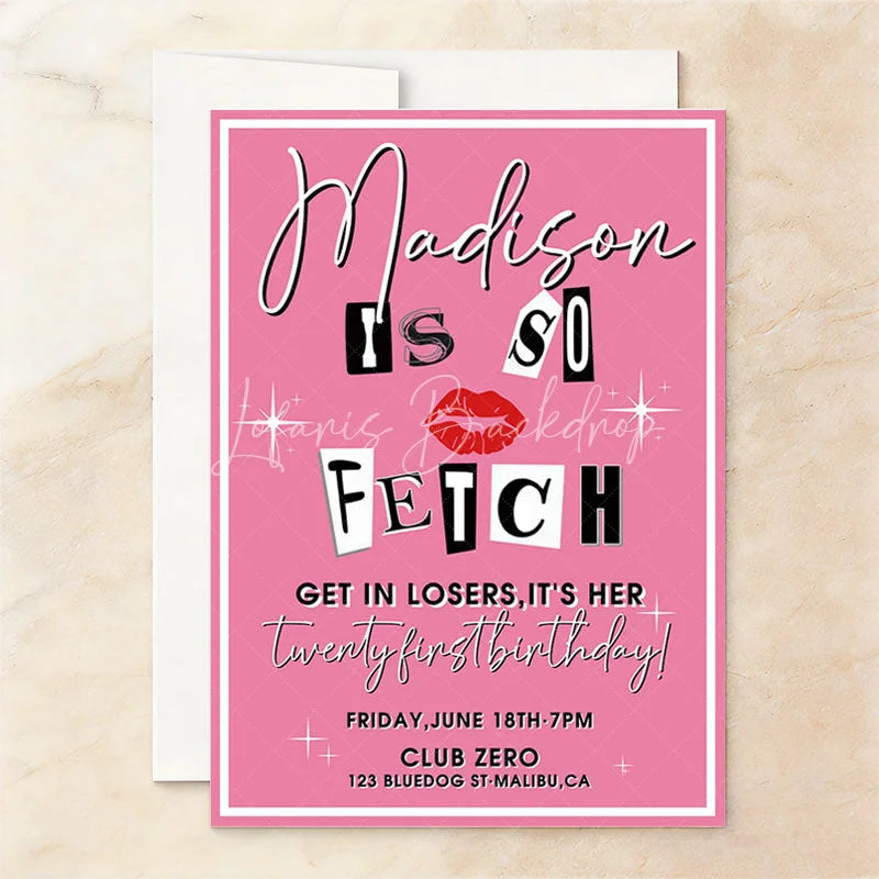 Lofaris Pink Magazine Cut-Out Letters Custom Invitation with Red Lips and Sparkles for a Twenty-First Birthday Party
