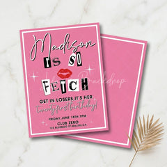 Lofaris Pink Magazine Cut-Out Letters Custom Invitation with Red Lips and Sparkles for a Twenty-First Birthday Party