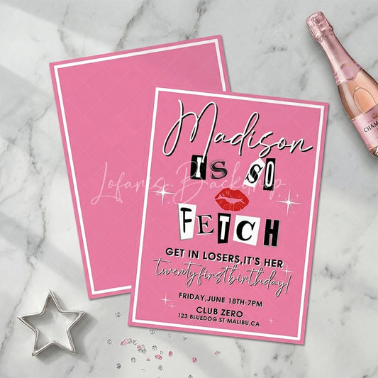 Lofaris Pink Magazine Cut-Out Letters Custom Invitation with Red Lips and Sparkles for a Twenty-First Birthday Party