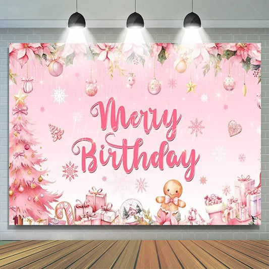Lofaris Pink Merry Birthday Backdrop Christmas Tree Gingerbread Man Background for Girl Winter Xmas Party Decoration