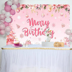 Lofaris Pink Merry Birthday Backdrop Christmas Tree Gingerbread Man Background for Girl Winter Xmas Party Decoration
