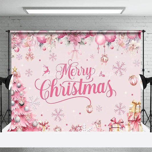 Lofaris Pink Merry Christmas Backdrop Winter Xmas Tree Gift Box Background for Party Poinsettia Snowflake Photo Booth Prop