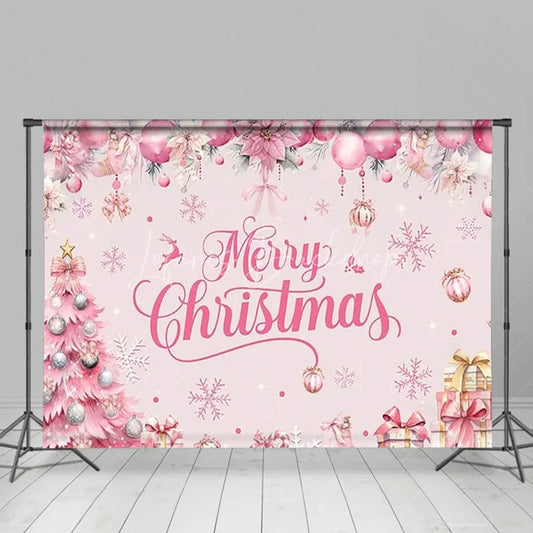 Lofaris Pink Merry Christmas Backdrop Winter Xmas Tree Gift Box Background for Party Poinsettia Snowflake Photo Booth Prop