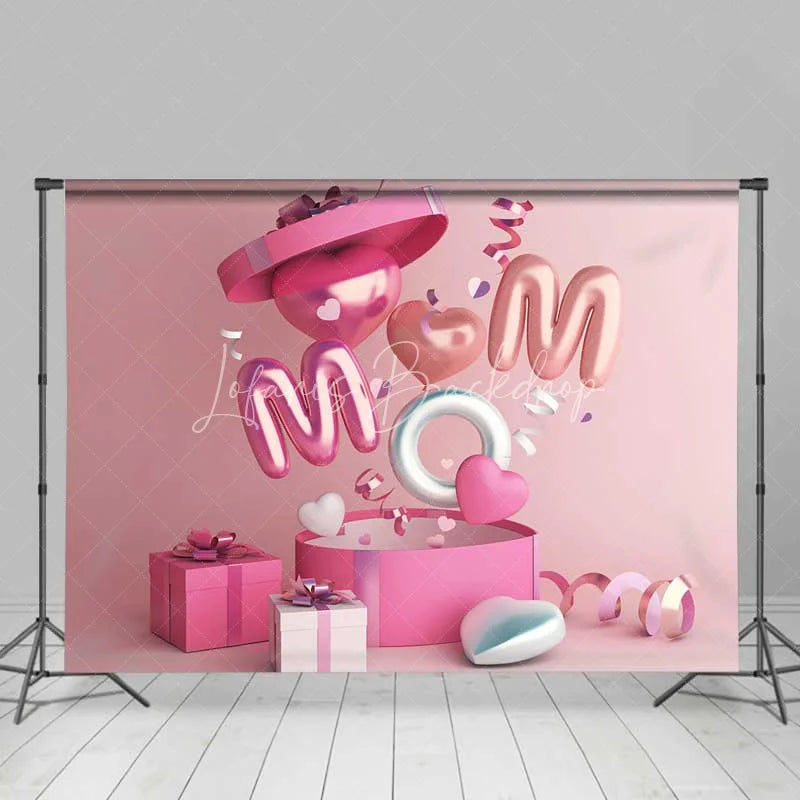 Lofaris Pink MOM Balloon Letters Hearts Combo Set Backdrop Gift Boxes Mother’s Day Banner for Celebration Party