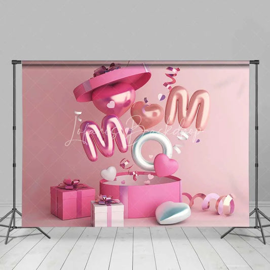 Lofaris Pink MOM Balloon Letters Hearts Combo Set Backdrop Gift Boxes Mother’s Day Banner for Celebration Party