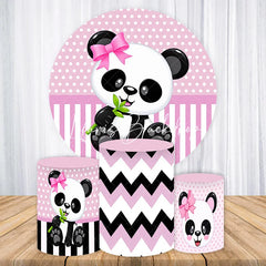 Lofaris Pink Panda Baby Girl Birthday Round Backdrop Kit Polka Dot Chevron Party Decor