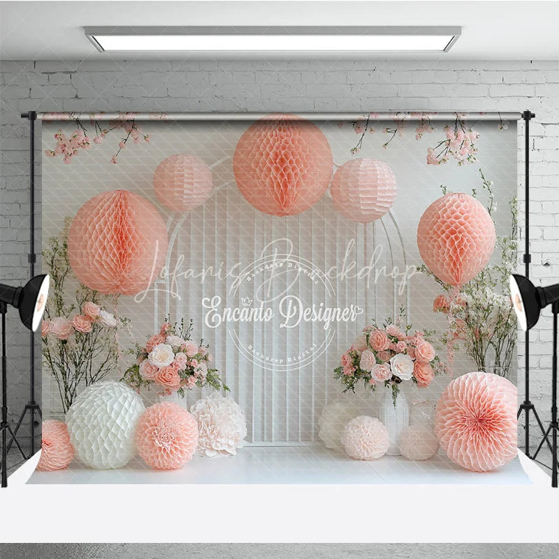 Lofaris Pink Paper Fan and Flower Wall Photography Backdrop for Wedding Bridal Shower or Birthday Party Photo Booth