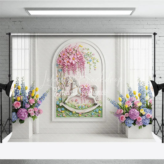 Lofaris Pink Pastel Floral Arch White Wall Photography Backdrop Whimsical Garden Wedding Party Decor