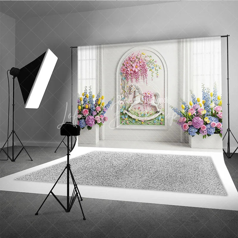 Lofaris Pink Pastel Floral Arch White Wall Photography Backdrop Whimsical Garden Wedding Party Decor