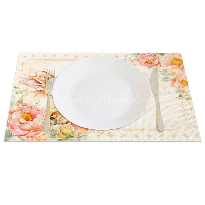 Lofaris Pink Peony Easter Bunny Set of 4 Placemats Star Pattern Rabbit Spring Table Mats for Party
