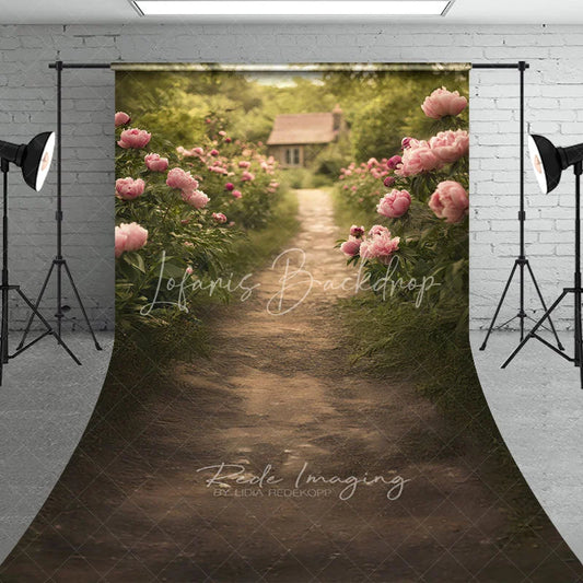 Lofaris Pink Peony Garden Path Backdrop Romantic Cottage and Flower Meadow Scene Summer Landscape Background