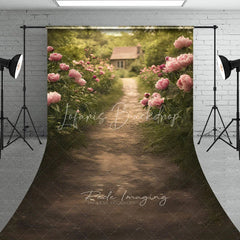 Lofaris Pink Peony Garden Path Backdrop Romantic Cottage and Flower Meadow Scene Summer Landscape Background