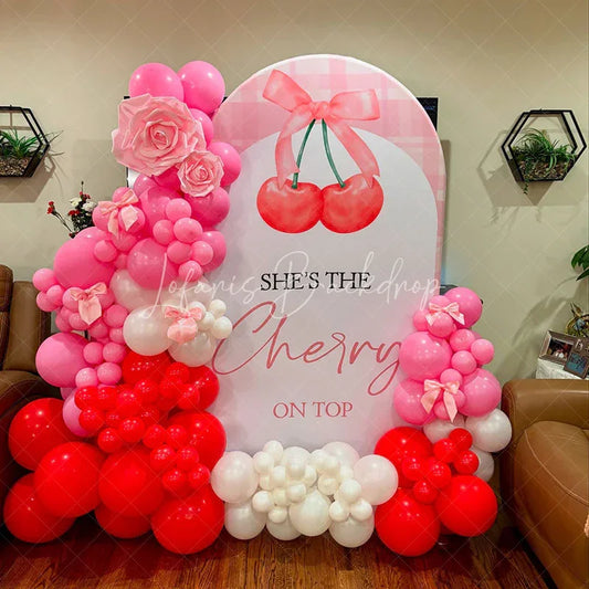 Lofaris Pink Plaid Bow Cherry On Top Bridal Shower Arch Backdrop