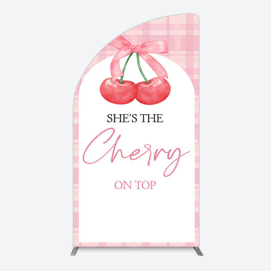Lofaris Pink Plaid Bow Cherry On Top Bridal Shower Half Moon Arch Backdrop
