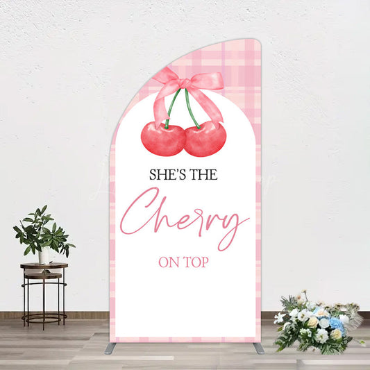 Lofaris Pink Plaid Bow Cherry On Top Bridal Shower Half Moon Arch Backdrop