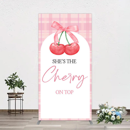 Lofaris Pink Plaid Bow Cherry On Top Bridal Shower Rectangle Backdrop
