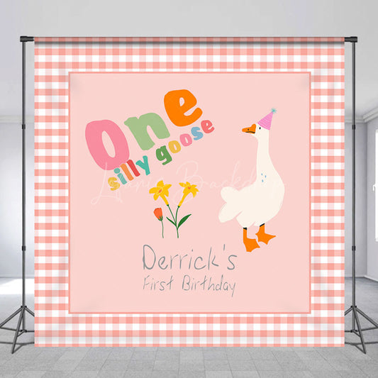Lofaris Pink Plaid One Silly Goose Custom Birthday Backdrop
