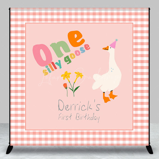 Lofaris Pink Plaid One Silly Goose Custom Birthday Backdrop