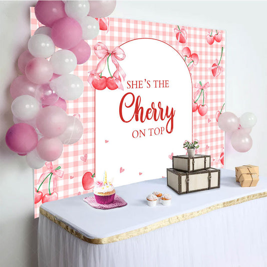 Lofaris Pink Plaid Red Cherry On Top Baby Shower Backdrop