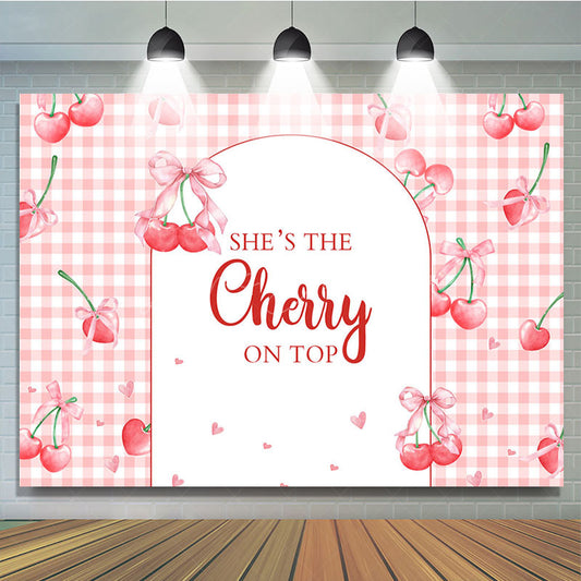 Lofaris Pink Plaid Red Cherry On Top Baby Shower Backdrop