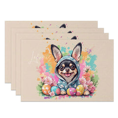 Lofaris Pink Polka Dot Dog Set of 4 Placemats Chihuahua with Easter Eggs Cute Puppy Table Mats Decor