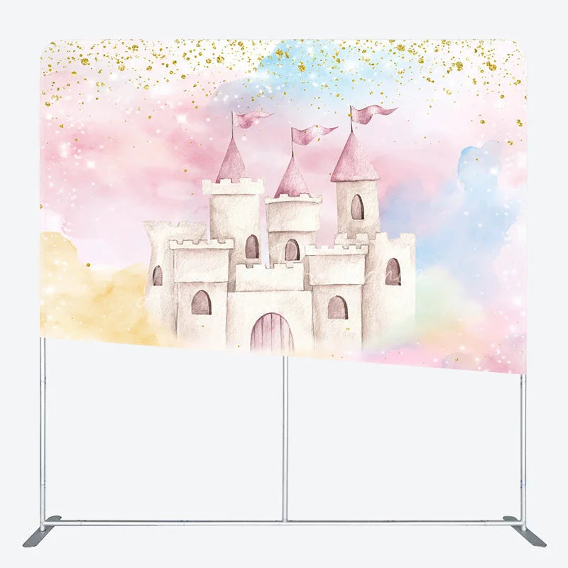 Lofaris Pink Princess Castle Tension Fabric Backdrop Gold Glitter Pastel Clouds Decor Fairytale Theme Background for Birthday