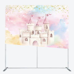 Lofaris Pink Princess Castle Tension Fabric Backdrop Gold Glitter Pastel Clouds Decor Fairytale Theme Background for Birthday