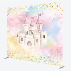 Lofaris Pink Princess Castle Tension Fabric Backdrop Gold Glitter Pastel Clouds Decor Fairytale Theme Background for Birthday