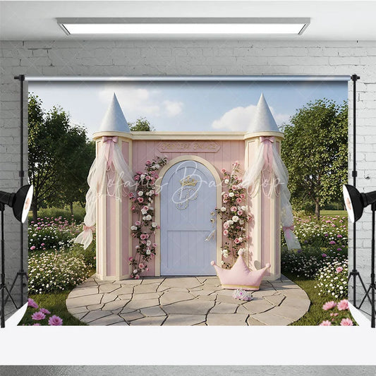 Lofaris Pink Princess Palace Photography Backdrop with Floral Roses and Golden Crown Fairytale Garden Birthday Party Decor