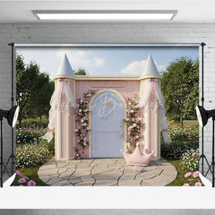 Lofaris Pink Princess Palace Photography Backdrop with Floral Roses and Golden Crown Fairytale Garden Birthday Party Decor
